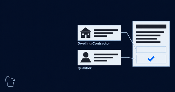 Two credential cards for a contracting business and an individual qualifier beside a permit document with a blue approval check